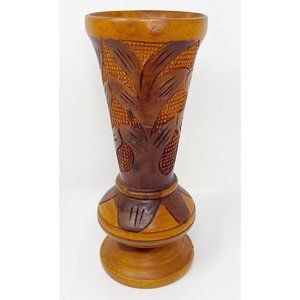 Hand Carved 10” Wood Vase Vessel Floral Leaf Design Boho Tribal Polynesian Tiki